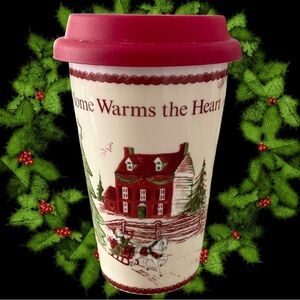 FITZ and Floyd Travel Mug with Silicone Lid “Home Warms the Heart”